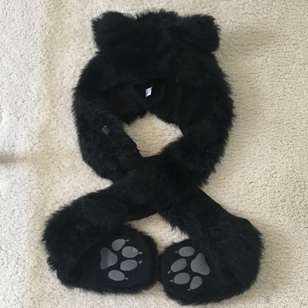 Animal Hat Black Furry Bear Hooded Scarf Muffler for Kids Adults One Size